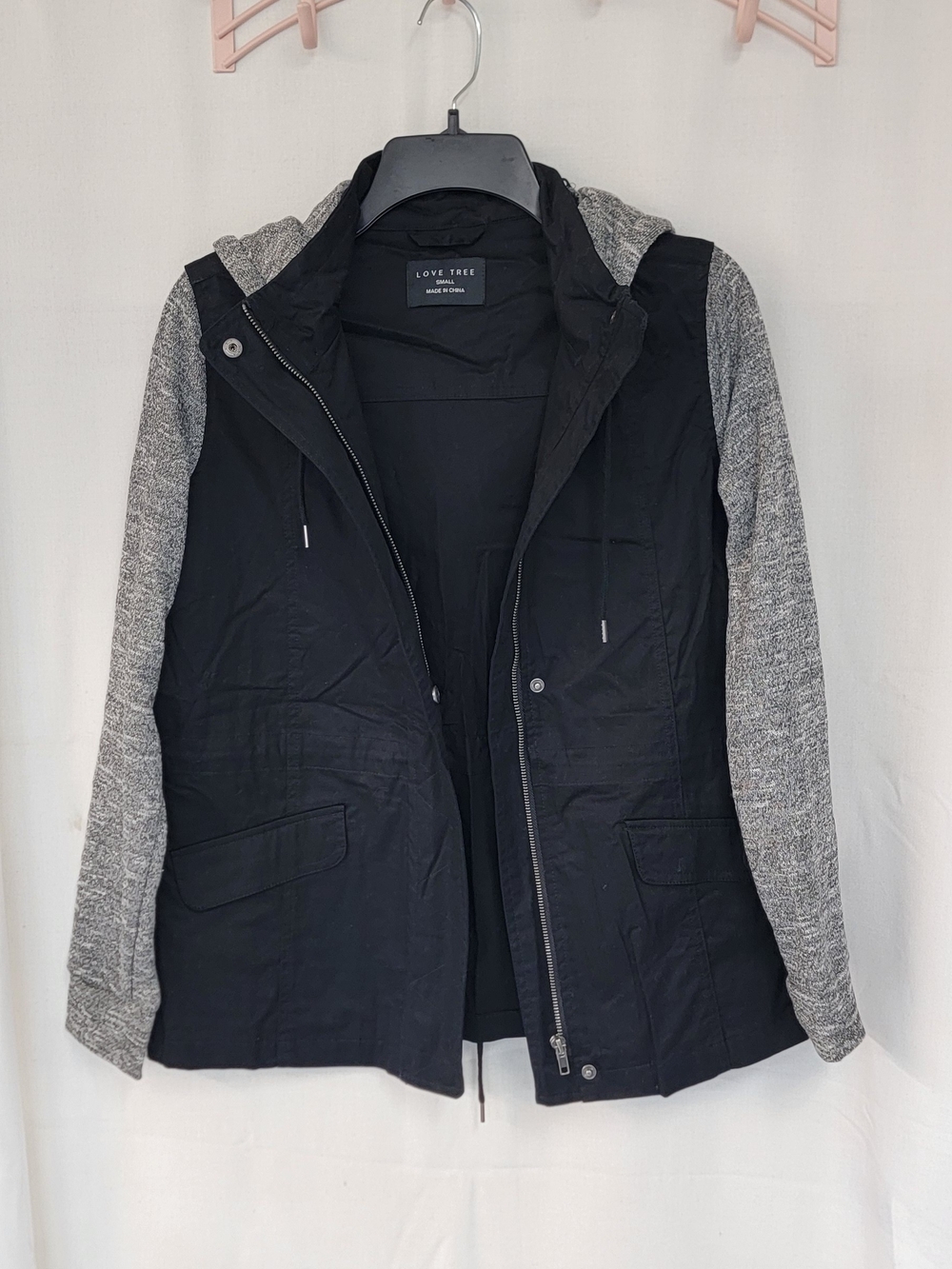 Love Tree Black Utility Jacket with Gray Knit Hood & Sleeves